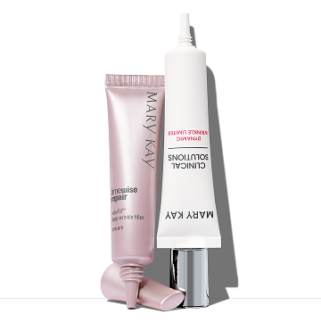 A tube of Timewise Repair Volu-Firm Deep Wrinkle Filler next to a tube of Clinical Solutions Dynamic Wrinkle Limiter
